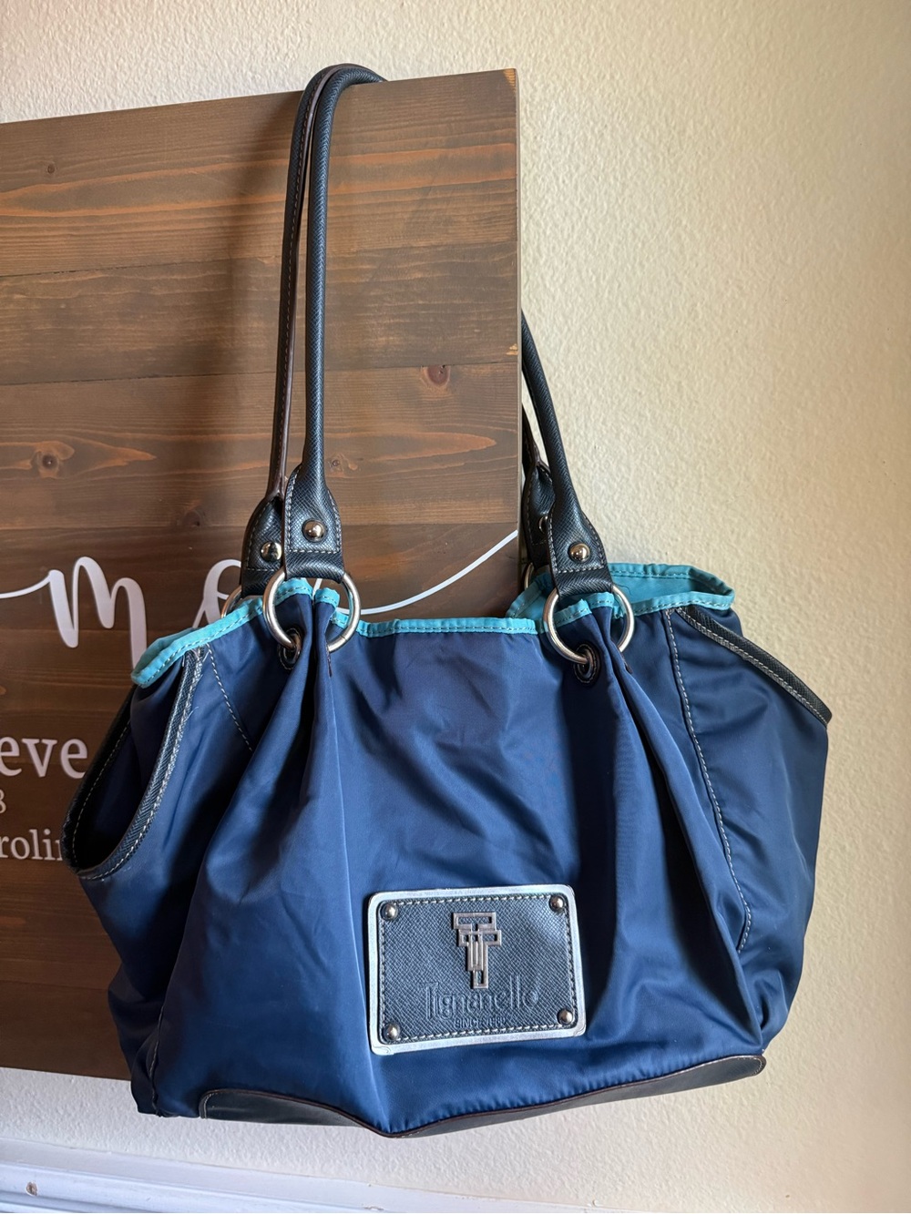 Tignanello Navy Shoulder Bag with Teal Trim